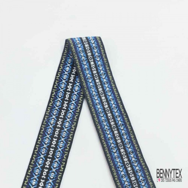 Bande élastique fantaisie motif amérindien bleu blanc fond noir