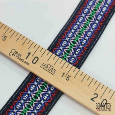 Bande élastique fantaisie motif amérindien bleu blanc fond noir