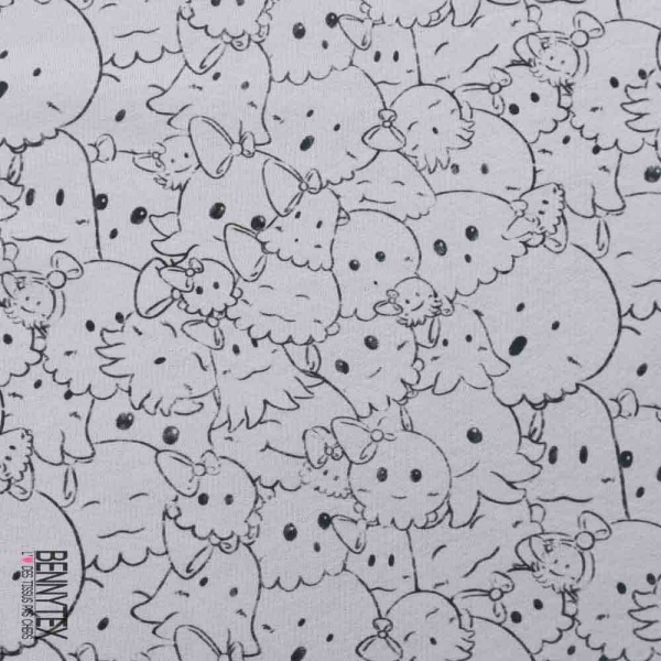 French terry imprimé pieuvre kawai au trait fond blanc optique envers bouclette