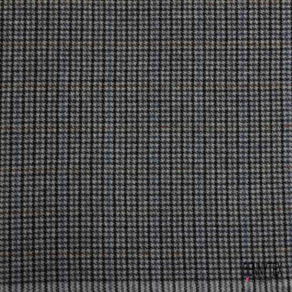 Drap de laine souple prince de galles marron marine noir fond gris moyen