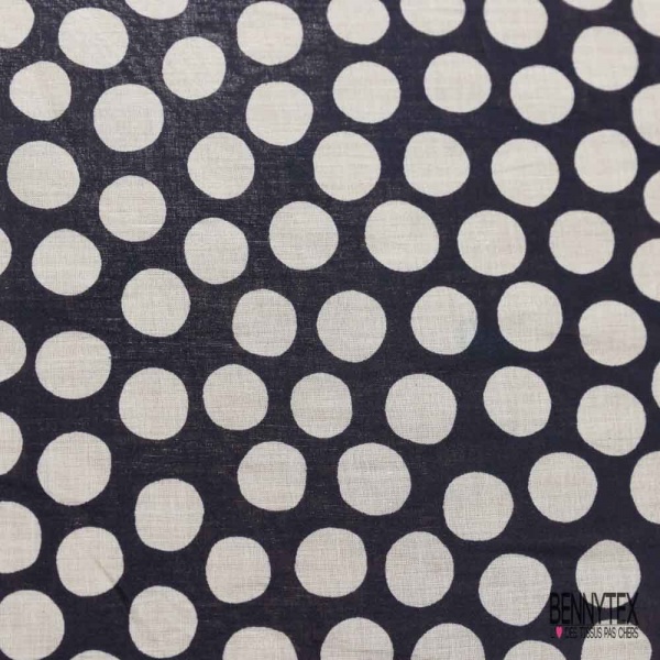 Voile coton imprimé gros pois blanc fond marine