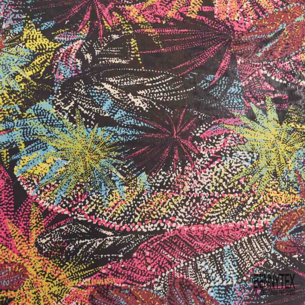Voile soie coton imprimé abstrait multicolore fond noir