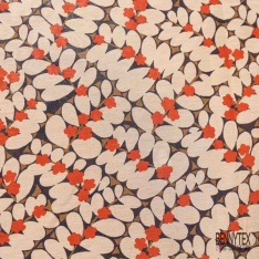 Voile soie viscose imprimé branche petite feuille stylisée abricot pastel rouille cappucino fond noir
