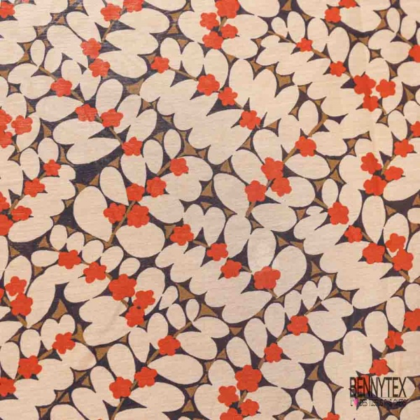 Voile soie coton imprimé branche petite feuille stylisée abricot pastel rouille cappucino fond noir
