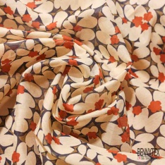 Voile soie viscose imprimé branche petite feuille stylisée abricot pastel rouille cappucino fond noir