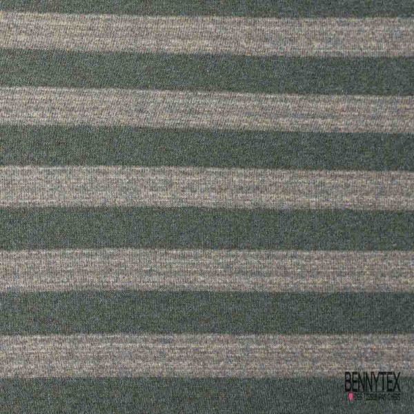 Jersey de laine tricot grosse rayure horizontale kaki taupe chiné envers gris