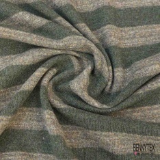 Jersey de laine tricot grosse rayure horizontale kaki taupe chiné envers gris