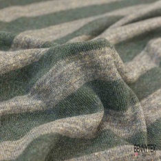 Jersey de laine tricot grosse rayure horizontale kaki taupe chiné envers gris