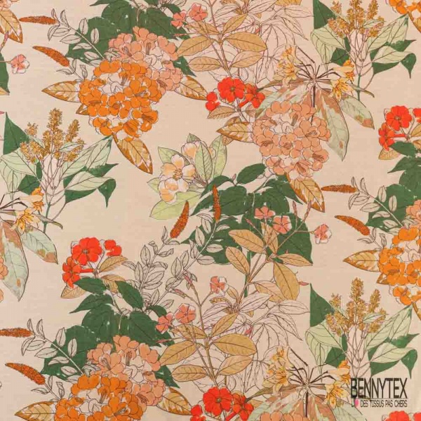 Voile soie coton imprimé floral retro multicolore fond blanc cassé