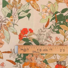 Voile soie coton imprimé branche petite feuille stylisée abricot pastel rouille cappucino fond noir