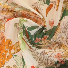 Voile soie coton imprimé branche petite feuille stylisée abricot pastel rouille cappucino fond noir