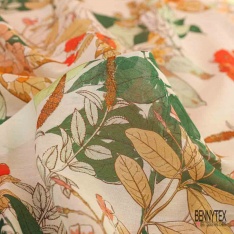 Voile soie coton imprimé branche petite feuille stylisée abricot pastel rouille cappucino fond noir