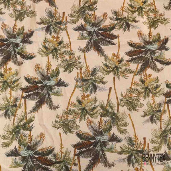 Voile soie coton imprimé palmier fond crème