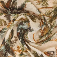 Voile soie coton imprimé floral retro multicolore fond blanc cassé