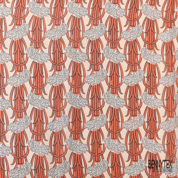 Voile soie coton imprimé plante abstraite ton orange mandarin fond blanc cassé