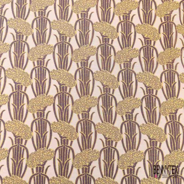 Voile soie coton imprimé plante abstraite ton moutarde noir fond blanc cassé