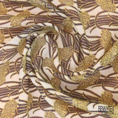 Voile soie coton imprimé plante abstraite ton orange mandarin fond blanc cassé