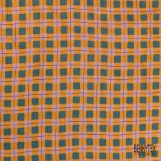 Voile soie coton imprimé plante abstraite ton moutarde noir fond blanc cassé