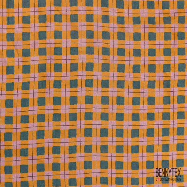 Voile soie coton imprimé carreau sapin chaleur d'or vieux rose