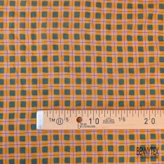 Voile soie coton imprimé plante abstraite ton moutarde noir fond blanc cassé