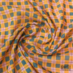 Voile soie coton imprimé plante abstraite ton moutarde noir fond blanc cassé