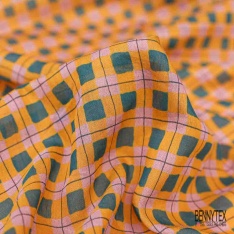 Voile soie coton imprimé plante abstraite ton moutarde noir fond blanc cassé