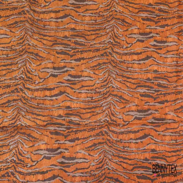 Voile soie coton imprimé peau de tigre roux taupe noir