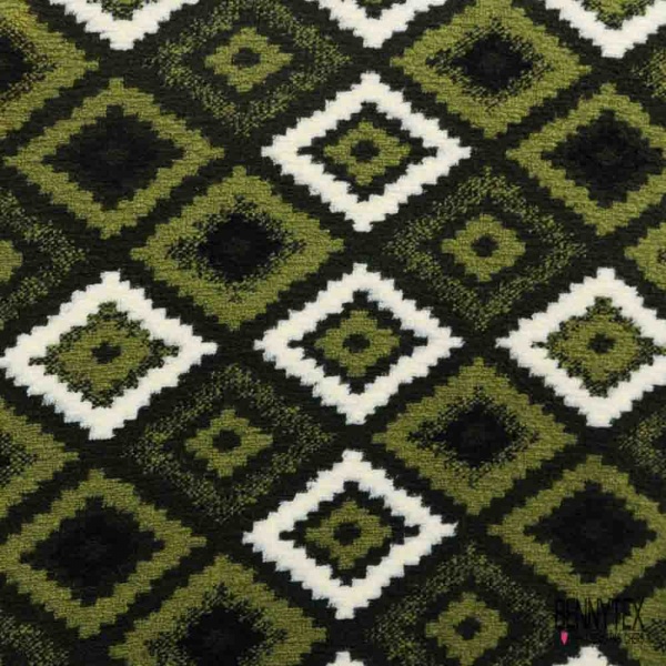 Coupon 3m Tricot sherpa polaire motif amérindien ton vert pomme noir blanc cassé