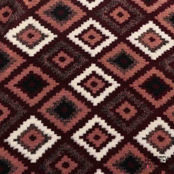 Coupon 3m Tricot sherpa polaire motif amérindien ton prune vieux rose blanc cassé