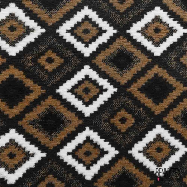 Coupon 3m Tricot sherpa polaire motif amérindien ton cappuccino noir blanc cassé