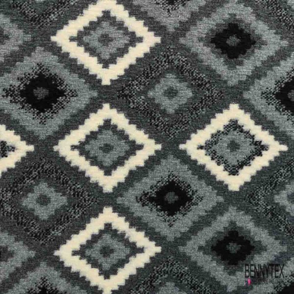 Coupon 3m Tricot sherpa polaire motif amérindien ton gris noir blanc cassé