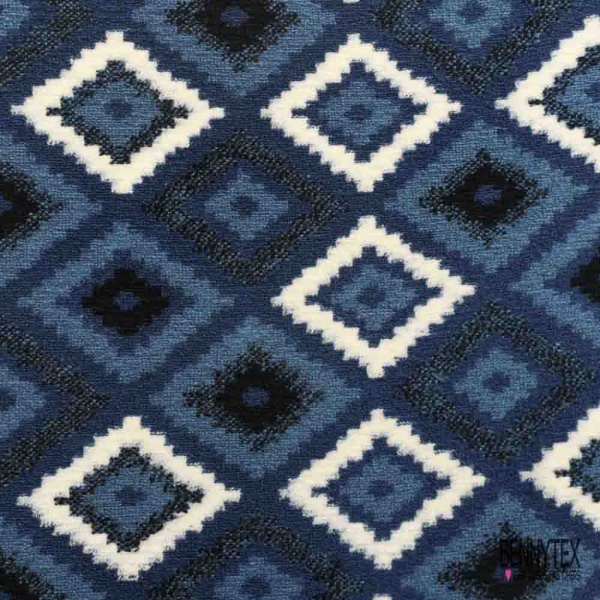 Coupon 3m Tricot sherpa polaire motif amérindien ton bleu noir blanc cassé