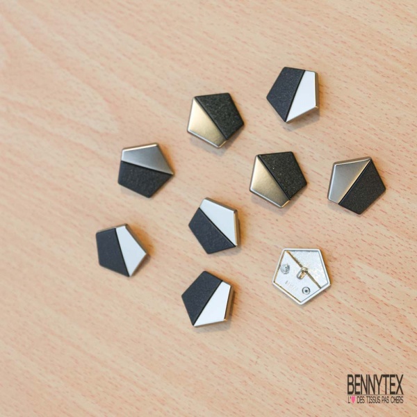 10 boutons à queue hexagone métal argent acrylique noir mat