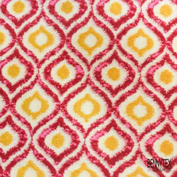 Tricot polaire motif seventie's framboise jaune d'or blanc cassé