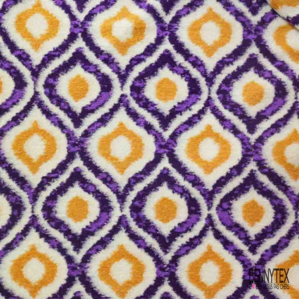 Coupon 3m Tricot polaire motif seventie's violet jaune d'or blanc cassé