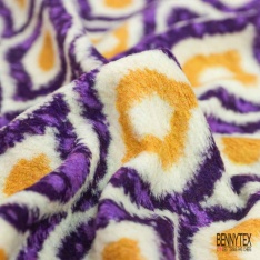 Coupon 3m Tricot polaire motif seventie's framboise jaune d'or blanc cassé