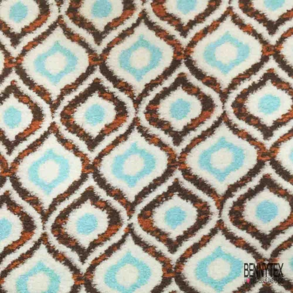 Coupon 3m Tricot polaire motif seventie's choco turquoise blanc cassé