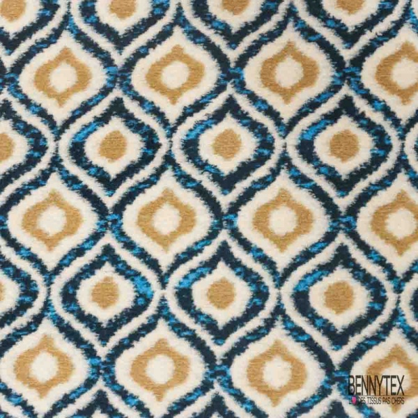 Coupon 3m Tricot polaire motif seventie's choco turquoise blanc cassé