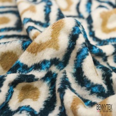 Coupon 3m Tricot polaire motif seventie's choco turquoise blanc cassé