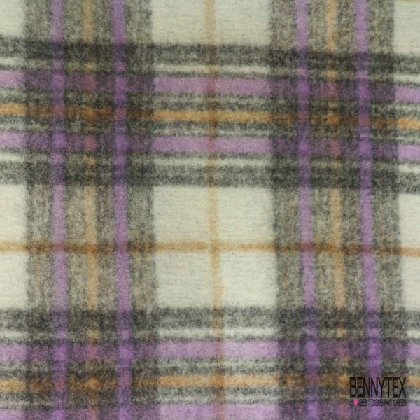 Jersey de laine bouillie écossais lilas abricot givré noir blanc cassé