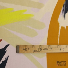 Popeline coton élasthanne digital imprimé floral citron vert fond rose trémière