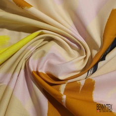 Popeline coton élasthanne digital imprimé floral citron vert fond rose trémière