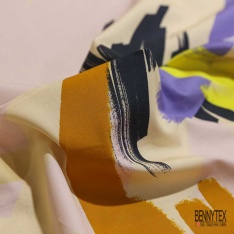 Popeline coton élasthanne digital imprimé floral citron vert fond rose trémière