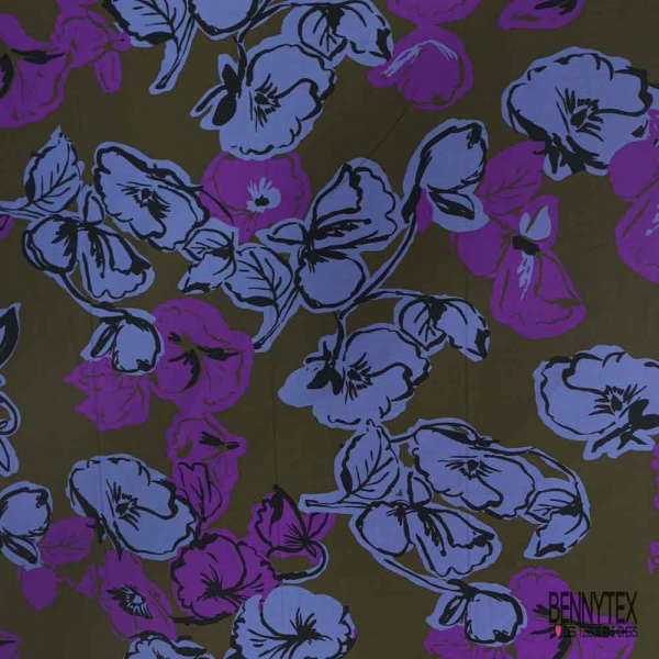 Popeline coton élasthanne digital satinée imprimé floral fond kaki brun