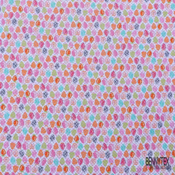 Popeline coton Liberty dévoré pois motif fraise et raison stylisées fond blanc optique