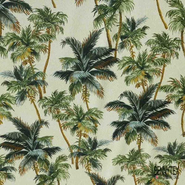 Satin coton élasthanne imprimé palmier fond crème stylisé