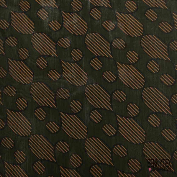 Voile soie coton imprimé abstrait strié baroque fond kaki foncé