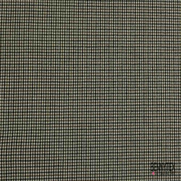 Drap de laine souple élasthanne pied de puce noir kaki fond blanc cassé