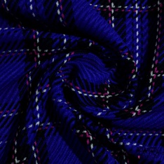 Tartan sergé de laine ton bleu roi fushia blanc noir