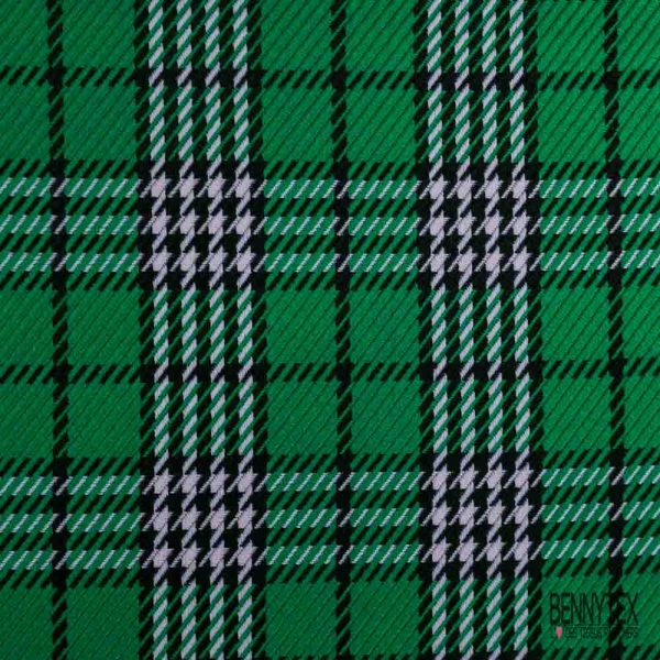 Tartan sergé de laine ton gazon rosée du matin blanc noir
